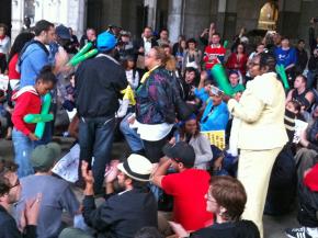 A rally against budget cuts at the Bloombergville encampment in New York City
