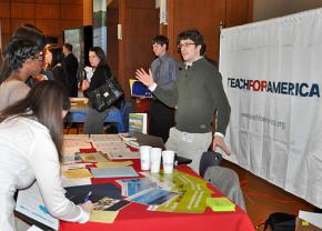A Teach for America recruiter at a career fair at Penn State